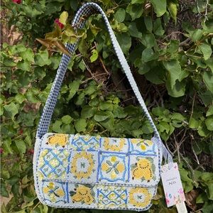 NWT Made in India Lemon Italy Tile Patchwork Gingham Beaded Shoulder Bag Summer